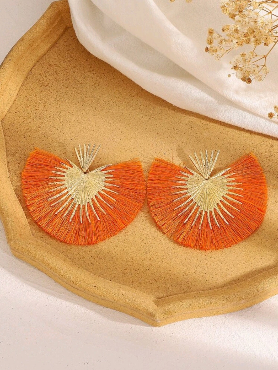 Orange Fan Tassel Earrings